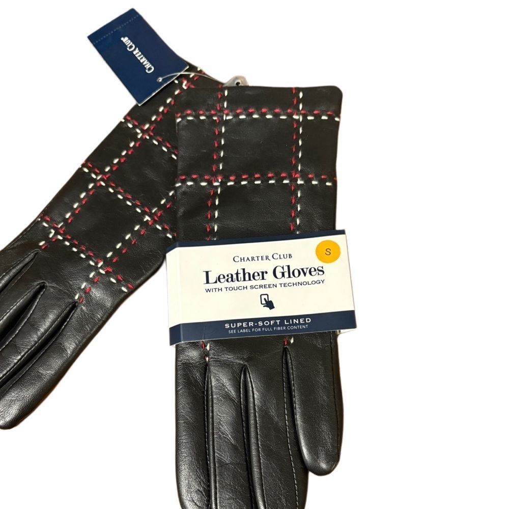 Charter Club Black Leather Gloves with Red and White Accents - Picture 2 of 6